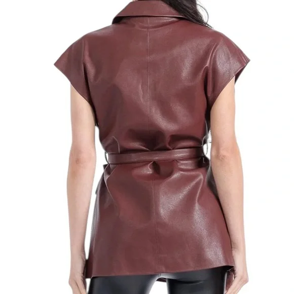 Vegan Leather Oversized Lined Belted Cap Sleeve Vest in Burgandy w Pockets - Picture 3 of 3